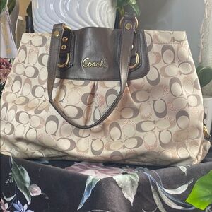 Coach Cream and Brown Signature Tote Bag